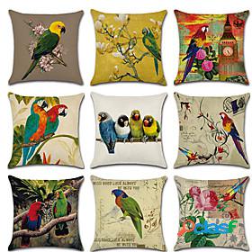 Set of 9 Faux Linen Pillow Cover, Floral Bird Rustic Cartoon