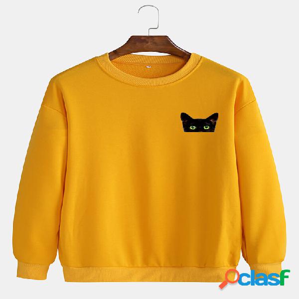 Simple Cartoon Cat Print Round Collo Felpe a maniche lunghe