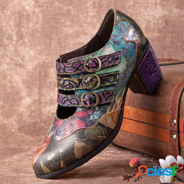 Socofy Women Retro Floral Print Leather Comodo Gancio Loop