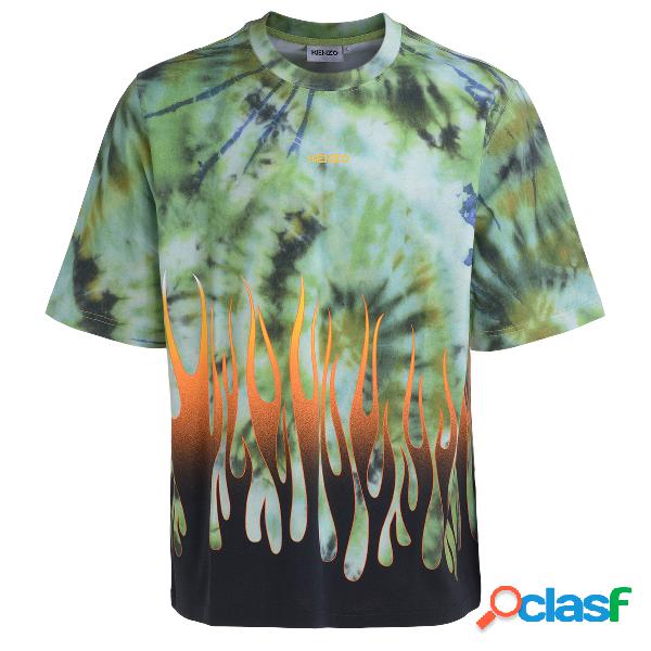 T-Shirt Kenzo verde con stampa fiamme