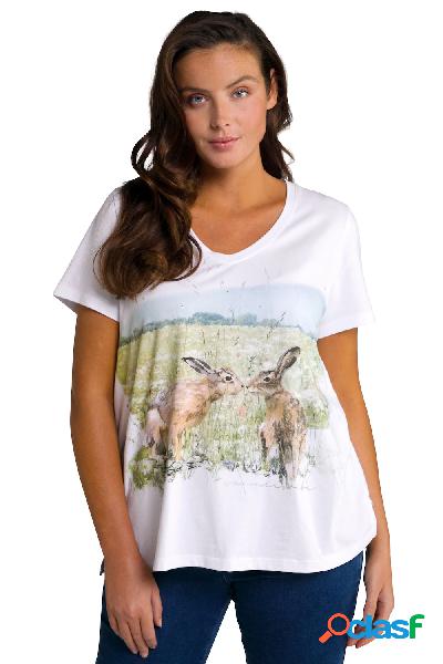 T-shirt classica con conigli, scollo a V e mezze maniche,