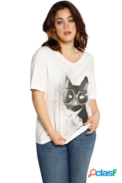 T-shirt classica con gatto, scollo a V e mezze maniche,