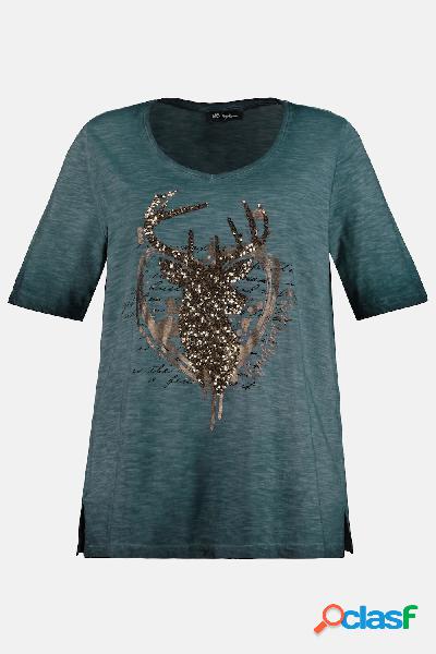 T-shirt con cervo in paillettes, scollatura a V e mezze