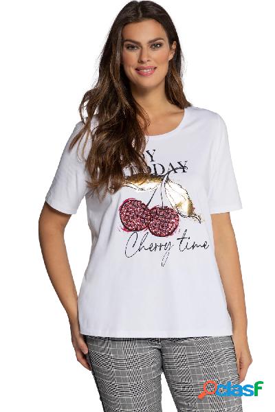 T-shirt con ciliegie in paillettes, scollo a girocollo e
