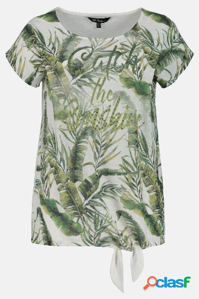 T-shirt, fantasia con foglie, oversize, scritta, orlo da