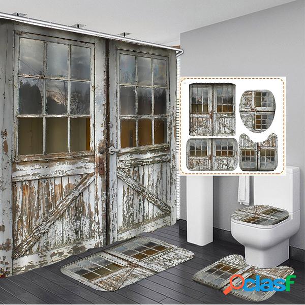 Tenda da doccia per bagno con porta in legno vintage Set di