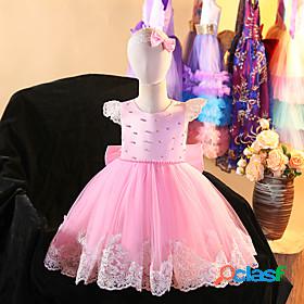 Toddler Little Girls Dress Solid Colored Beaded Bow Blushing