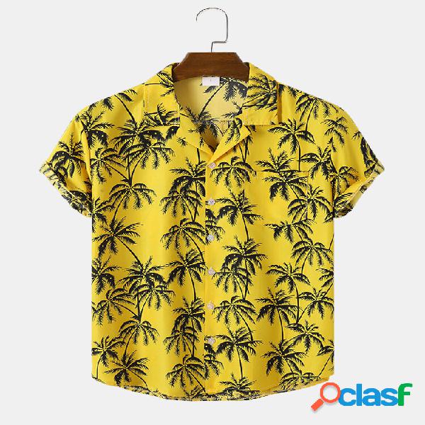 Uomo Coconut Tree Graphic Revere Colletto Hawaii Style Soft