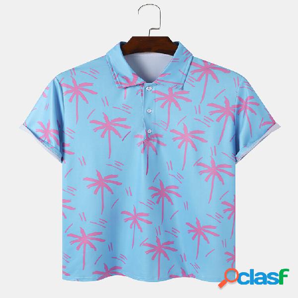 Uomo Coconut Tree Print Brief Half Pulsanti Polo da lavoro a