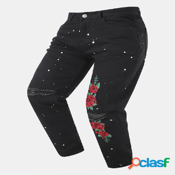 Uomo Ripped Splash ink Cerniera Rosa Ricamata lunga Jeans