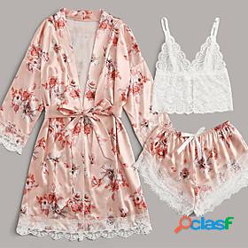 Womens 3 Pieces Pajamas Sets Satin Casual Comfort Lace