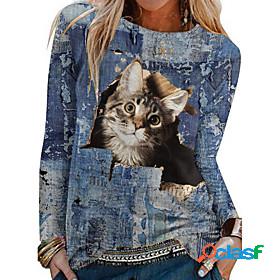 Women's 3D Cat Painting T shirt Cat 3D Animal Long Sleeve