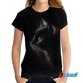 Womens 3D Cat T shirt Cat Animal Print Round Neck Basic Tops