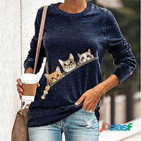 Womens 3D Cat T shirt Cat Graphic Long Sleeve Print Round