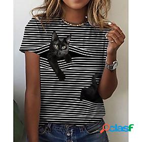 Womens 3D Cat T shirt Striped Cat 3D Print Round Neck Basic