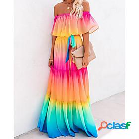 Womens A Line Dress Maxi long Dress Rainbow Short Sleeve