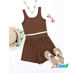 Womens Basic Plain Daily Wear Two Piece Set Shorts Tank Top