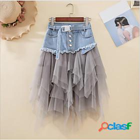 Womens Basic Skirts Daily Wear Color Block Denim Tulle Black