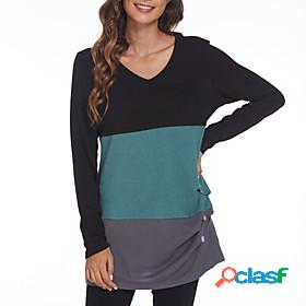 Womens Blouse Boho Long Sleeve Color Block V Neck Pleated