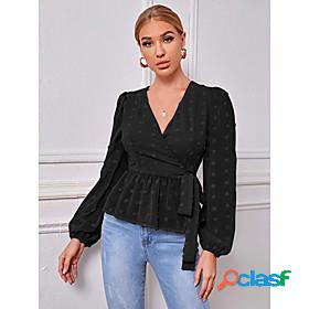 Womens Blouse Eyelet top Peplum Long Sleeve Plain V Neck