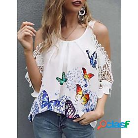 Womens Blouse Eyelet top Shirt Graphic Butterfly Lace Trims
