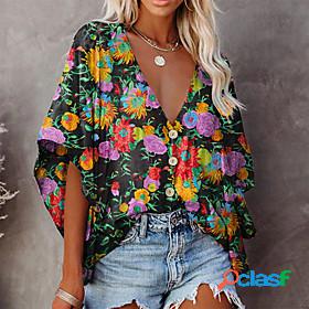 Womens Blouse Floral V Neck Print Casual Vintage Tops Green