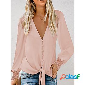 Womens Blouse Long Sleeve Plain V Neck Patchwork Tops