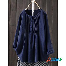 Womens Blouse Peplum Shirt Plain Round Neck Button Casual