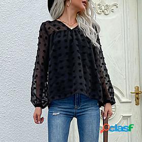 Women's Blouse Plain V Neck Tops Black
