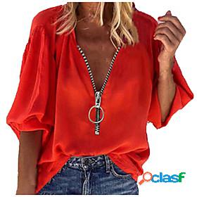 Womens Blouse Plain V Neck Zipper Tops Gray White Red