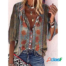 Womens Blouse Shirt Bohemian Theme Floral Shirt Collar Print