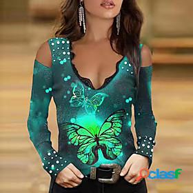 Womens Blouse Shirt Butterfly Long Sleeve Butterfly Animal V