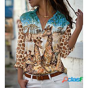 Womens Blouse Shirt Long Sleeve 3D Giraffe Animal Shirt