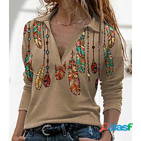 Womens Blouse Shirt Long Sleeve Graphic Feather Shirt Collar