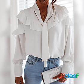 Womens Blouse Shirt Long Sleeve Plain V Neck Lace up Ruffle
