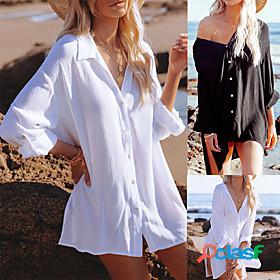 Womens Blouse Shirt Long Sleeve Plain V Neck Tropical
