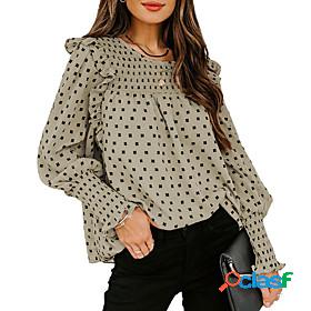 Womens Blouse Shirt Long Sleeve Polka Dot Round Neck Lettuce