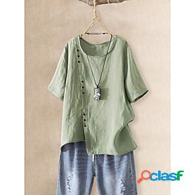 Womens Blouse Shirt Plain Round Neck Asymmetric Button