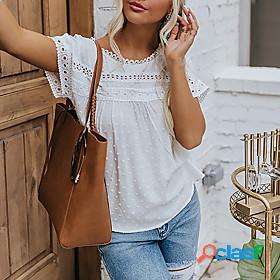 Womens Blouse Shirt Plain Round Neck Lace Trims Casual Tops