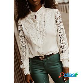 Womens Blouse Shirt Plain Standing Collar Cut Out Lace