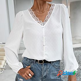 Women's Blouse Shirt Plain V Neck Lace Trims Button Basic
