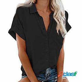 Womens Blouse Shirt Plain V Neck Shirt Collar Pocket Button