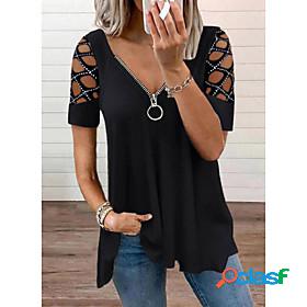 Womens Blouse Shirt Plain V Neck Zipper Basic Tops Black