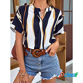 Womens Blouse Shirt Striped Color Block V Neck Print Casual