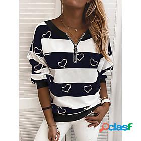 Womens Blouse Shirt Striped Heart Color Block V Neck Zipper