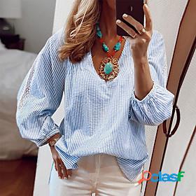 Women's Blouse Shirt Striped V Neck Lace Casual Tops Light