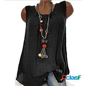 Women's Blouse Tank Top Shirt Plain Solid Colored Round Neck