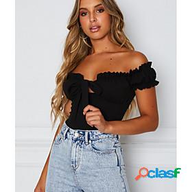 Womens Bodysuit Crop Top Solid Colored Off Shoulder Basic