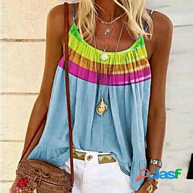 Womens Camisole Tank Top Color Block Round Neck Ruffle