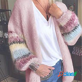 Womens Cardigan Rainbow Color Block Knitted Basic Casual